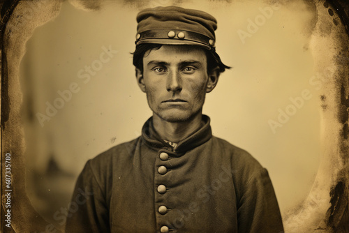 Civil War era tintype portrait, soldier in Union uniform, kepi cap, earnest expression, aged patina effect, authentic civil war replica attire