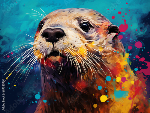 A Vibrant Print of an Otter Made of Brightly Colored Paint Splatters