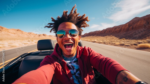 Road trip selfie in a convertible, open road, wind in hair, sunglasses on, clear blue skies, adventurous spirit