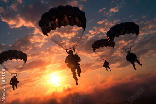 military paratroopers land with parachutes generative ai