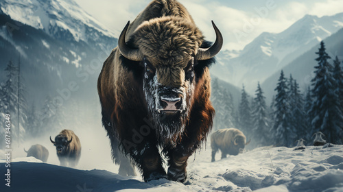 Aurochs bison in the wild, in winter, against the background of forest and snow. generative ai
