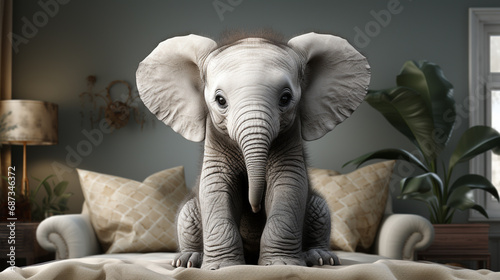 baby elephant sitting in white room. generative ai