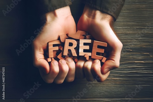 Male hands holding word free made of wood Minimal concept of freedom, being or getting free