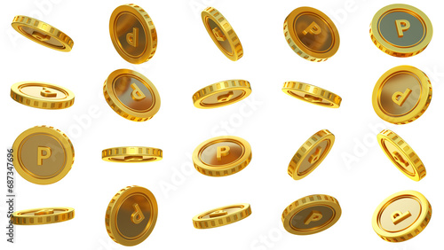 3D rendering of set of abstract golden Botswanan pula coins concept in different angles. Pula sign on golden coin isolated on transparent background