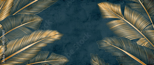 Luxury dark blue art background with tropical leaves in golden line art style. Botanical banner for decoration, print, textile, wallpaper, interior design.