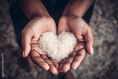 farmer hands in shape of heart holding handful of rice