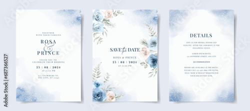 Beautiful set of wedding invitation card template with blue floral and leaves decoration. Winter theme