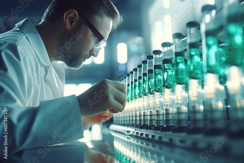A doctor or scientist researching in the factory on vials