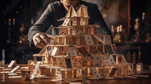 A Person Building a House of Cards, Depict the precision and planning required in business decisions