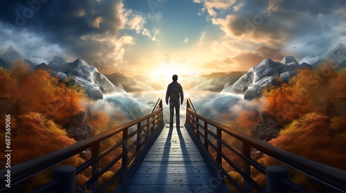 A Person Crossing a Bridge Between Two Worlds, Illustrate transitions and expansion into new markets