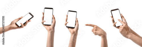 Collage of female hands with modern mobile phone on white background