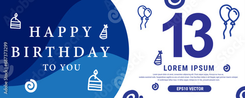 13 year celebration Creative Happy Birthday Text. Blue color decorative banner design, Vector illustration.