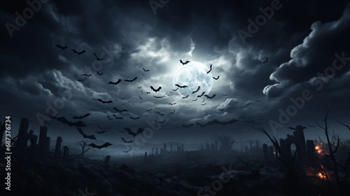 Halloween Night - Spooky Moon In Cloudy Sky With Bats - Contain 3d Illustration