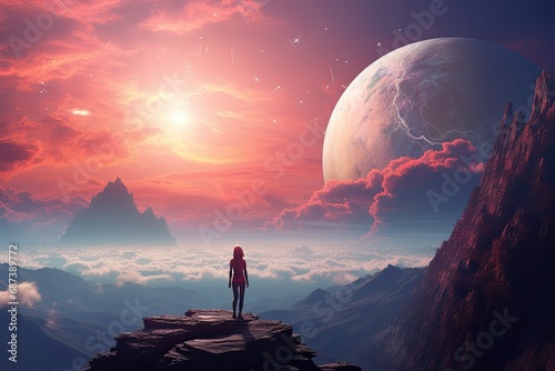 Woman standing on the edge of a cliff with a view of the planet Earth, woman standing on top of a mountain looking at a distant futuristic planet in the sky, digital art style, AI Generated
