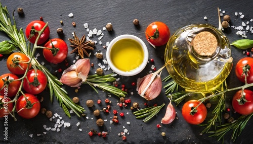 Gourmet Canvas: Olive Oil, Cherry Tomato, and Herbs on Slate
