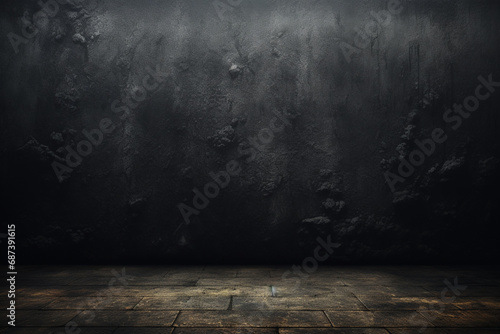 黒板の壁を背景にした空の木製テーブルトップ。バナー形式のプレゼンテーションで、製品のモックアップやディスプレイに最適。Empty wooden tabletop against a blackboard wall backdrop, ideal for product mockups and displays, in a banner-style presentat Generative AI