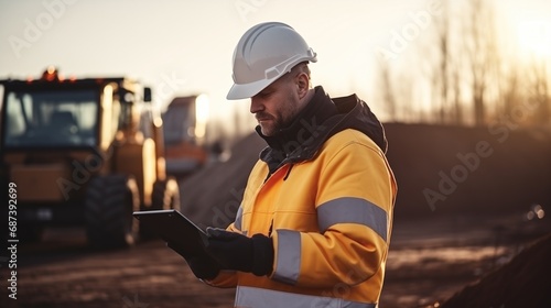 industrial worker holding tablet in front of construction equipment
