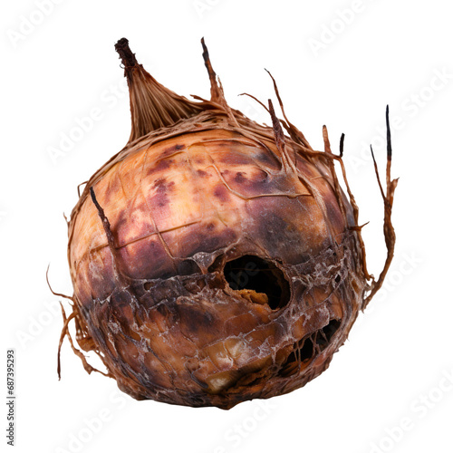 front view of a spoil rotten onion vegetable isolated on a white transparent background 