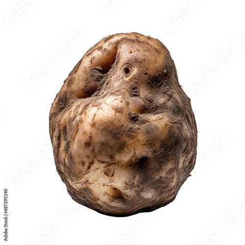 front view of a spoil rotten potato vegetable isolated on a white transparent background 