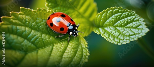 Ladybugs are natural enemies of pests. They have diverse colors and can be seen on a leaf through a magnifying glass.
