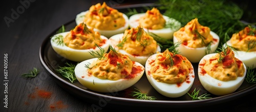 Spicy deviled eggs with paprika and dill, made at home.