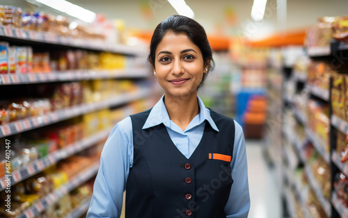 Cute hindu sales girl standing in a grocery store. Beautiful indian lady standing in a grocery store.