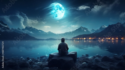 mystical night meditation: person on rock under milky way and moon, serene outdoor scene