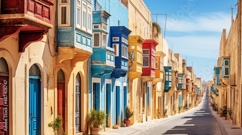 Valletta Maltese traditional colorful houses with balconies narrow city streets at sunny day. Travel concept