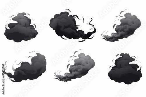 Dark smoke clouds set on white background, Generative AI