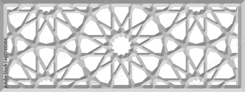 Arabic girih, geometric 3d polygonal ornament based on traditional islamic art. Muslim mosaic wall screen. Arabian tile isolated on a white background. Turkish decorative interior panel. Illustration