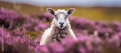 Close-up of a Dalesbred ewe in Spring, facing camera on managed open grouse moorland with grasses and heather background. Nidderdale, Yorkshire. Copy space.