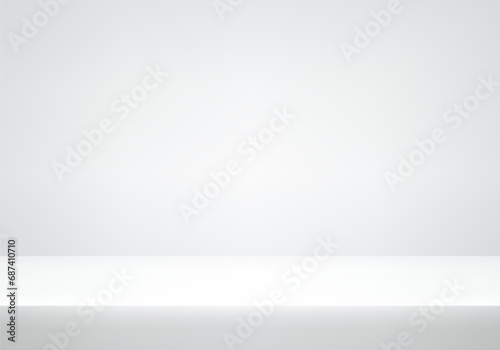 Realistic white and grey background. Minimal 3d shelf. Space for displaying products. Empty room with spotlight effect. Vector illustration.