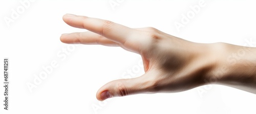 Hand reach gesture on white background. Generative AI technology.