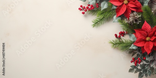 Fir tree twigs and poinsettia flowers edges on simple background with copy space.