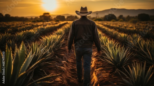 Portrait of farmer in cowboy hat on agave field on sunset