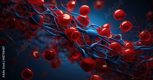 The red blood cells are surrounded by blue blood vessels. Generative AI.
