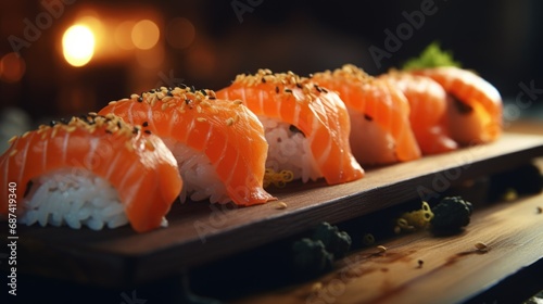 Served asian sushi rolls close up macro shot. Japanese seafood restaurant. Fresh salmon fish with rice. Traditional Japan food. Tasty asia cuisine meal. Tuna maki set. California philadelphia sashimi