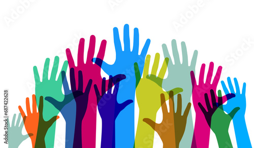Outstretched, growing hands. The multicultural concept of the community team. Vector illustration. 
