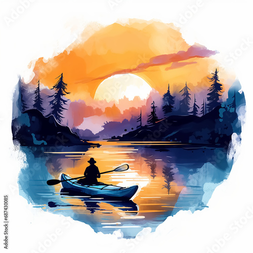 Boat on a lake illustration kayaking watercolor painting at sunset / sunrise wallpaper clipart with white background