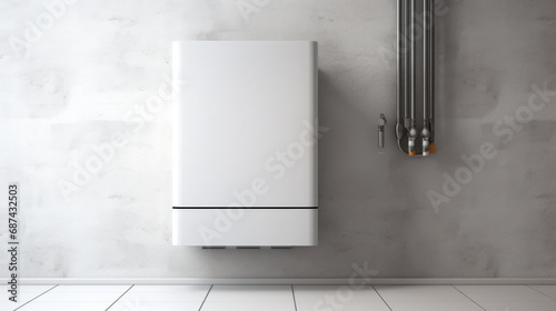 Modern home gas boiler, water heater. An isolated gas stove on white background. Water heating, ecology. Concept lifestyle.