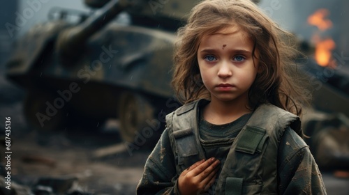 Destroyed ruined building background. Terrible tragic war concept. Global crisis. Poor little girl suffer. Political conflict. Dirty scared children. Sad scary scene. Hot spot aggression. Pray for kid