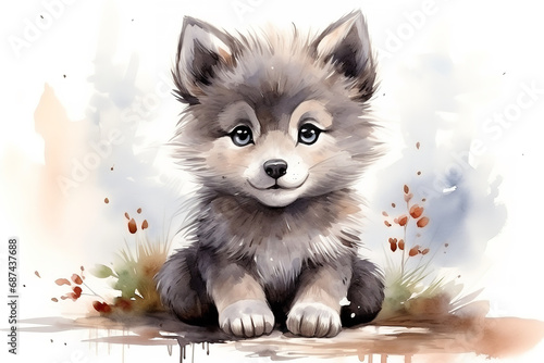 Watercolor sketch illustration of an adorable tiny kawaii baby wolf, children's book illustration, white background
