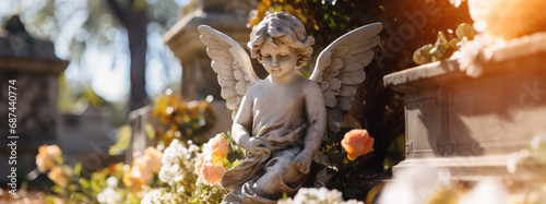 Stone angel with flowers in a cemetery