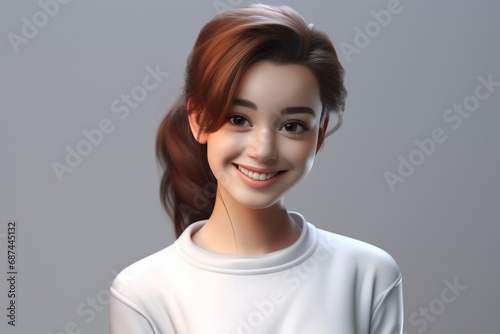 hyper realistic beauty of a 3D rendered girl with white t shirt on light gray background. This three dimensional masterpiece captures essence of elegance and sophistication. Generative AI.