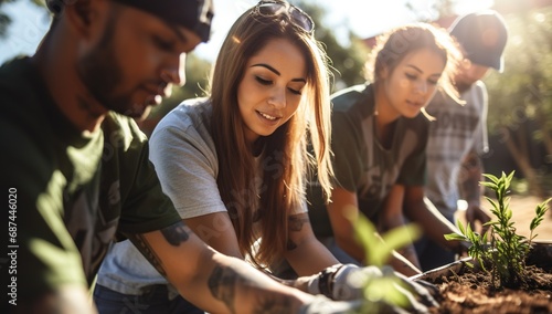 A group of young adults of diverse ethnicities working in a garden, planting vegetation.