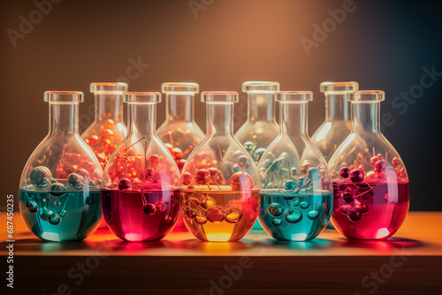 Probetas y tubos de ensayo para química en un laboratorio, llenas de sustancias activas como minerales, compuestos y soluciones distintas existentes en la tabla periódica, en formas de moléculas