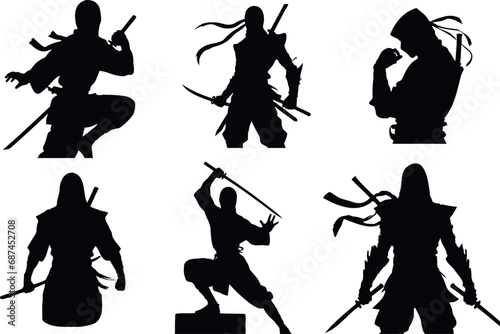 Ninja warrior vector illustration set, black silhouette, various poses, martial arts, Japanese culture, fighting, sword, throwing stars, stealth, assassin, warrior, ninja, Japan, samurai, katana, shur
