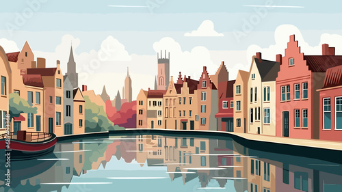 copy space, simple vector illustration, typical view of the canals in Bruges, Belgium. hand drawn, view of the typical canals in the city centre of Bruges, Belgium. Famous touristic spot. Must-see tou