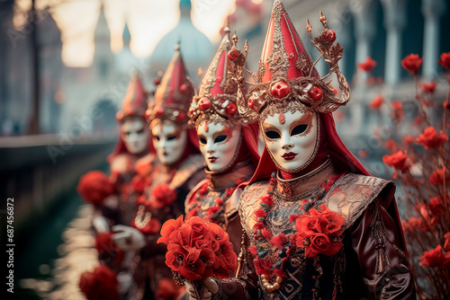 Gente disfrazada para el carnaval festival de Venecia, con sus mascaras pintorescas por las calles y plazas Venecianas, bokeh de fondos con luces artificiales