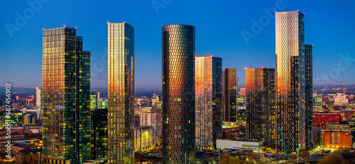 Panoramic image Manchester city skyline touched by the golden color of the twilight 